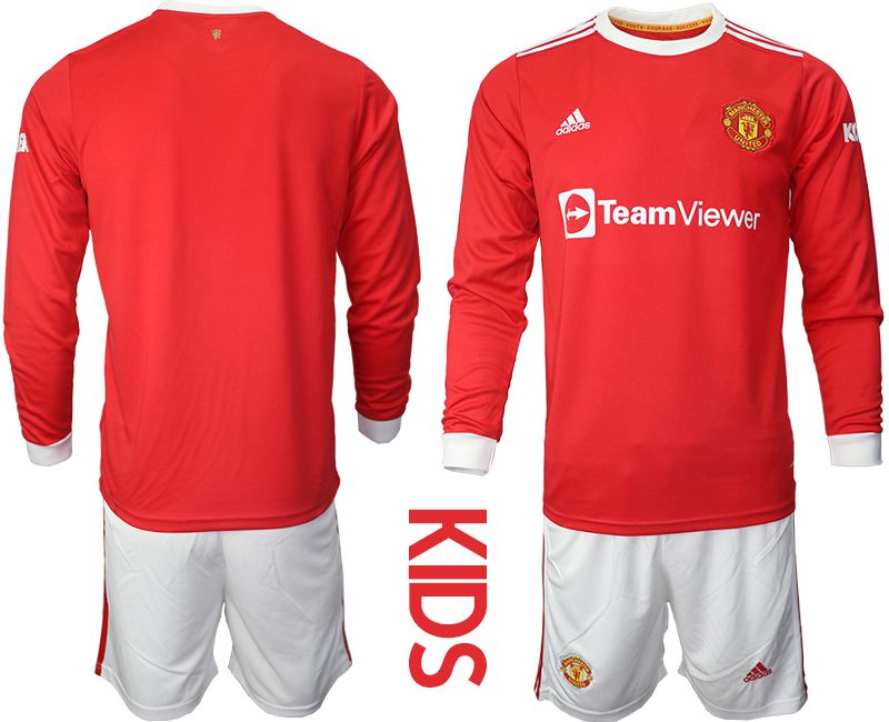 Youth 2021-2022 Club Manchester united home red Long Sleeve blank Soccer Jersey->customized soccer jersey->Custom Jersey